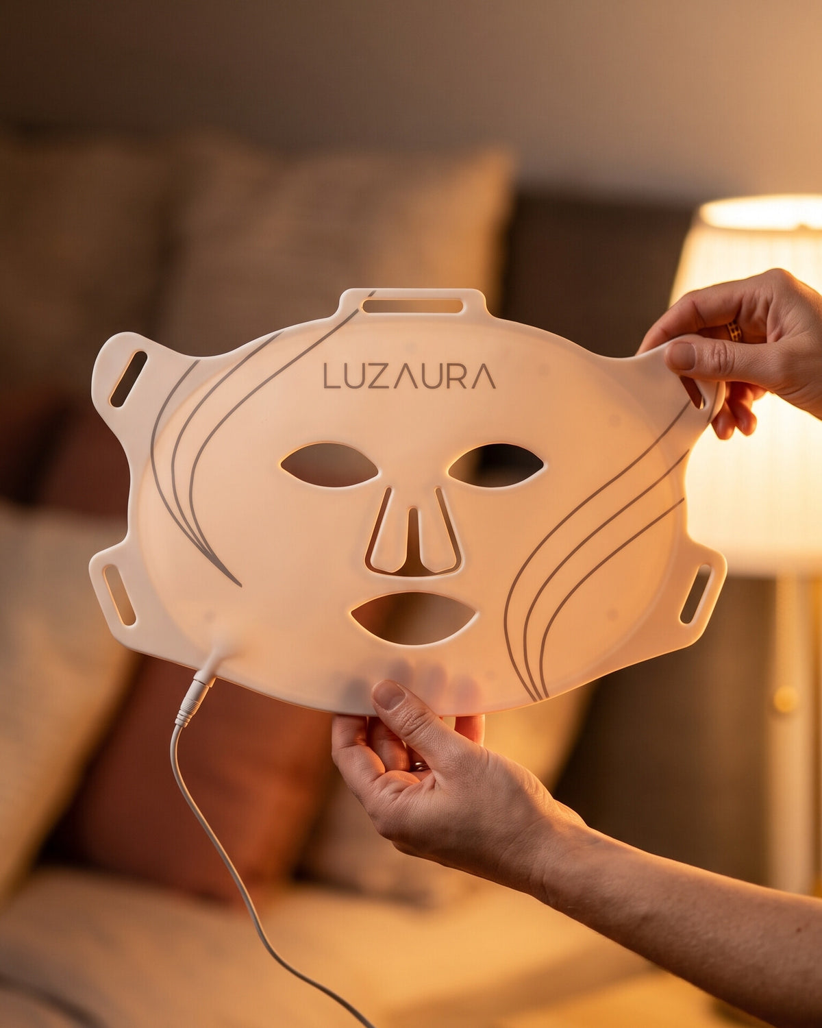 Mascarilla LED LUZAURA Glow sobre tocador al atardecer