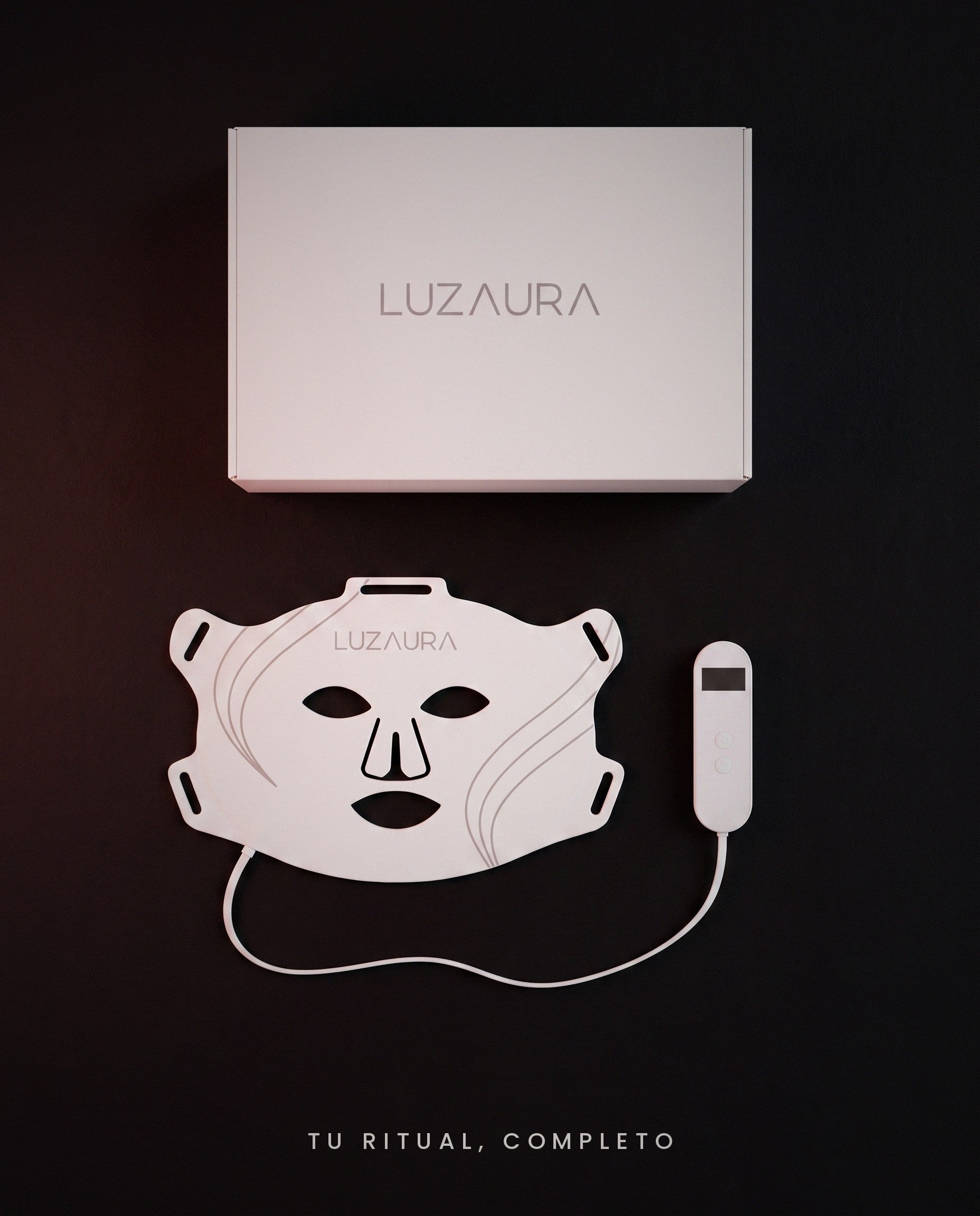 Contenido de la caja LUZAURA Glow: mascarilla LED y control con cable